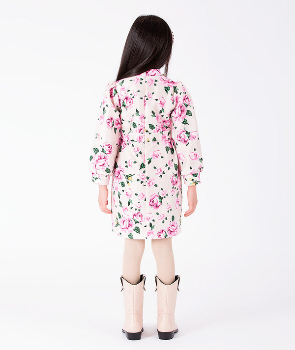 Hanae ivory floral girls dress with pink flowers and long sleeves back view by Mama Luma