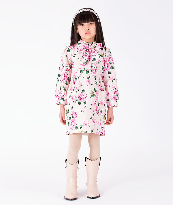 Hanae ivory floral girls dress with pink flowers long sleeves and statement bow front view by Mama Luma