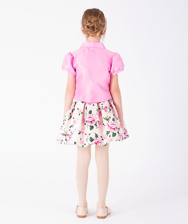 Back view of Hanae Floral Girls Outfit | 2 Pieces showing its green finish for girls ages 3 to 12 with refined designer construction