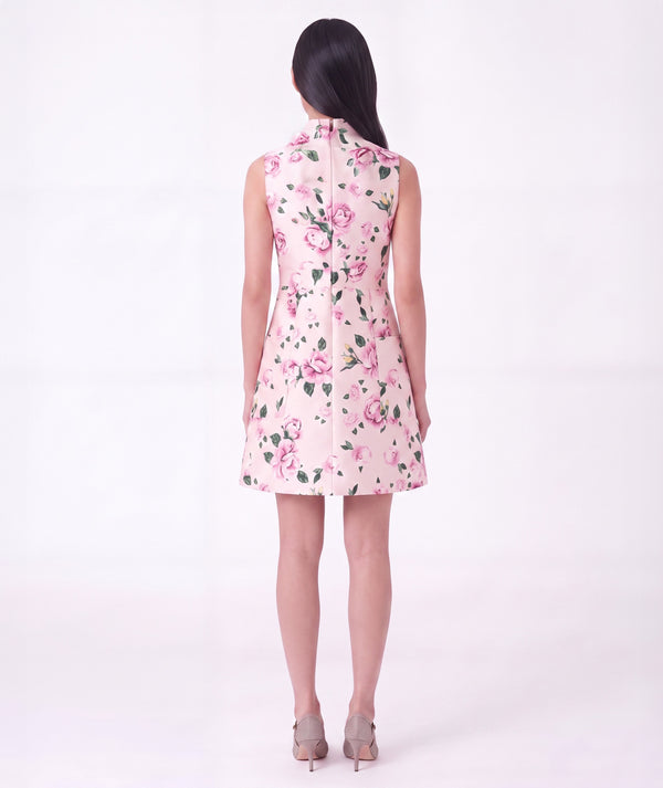 Back view of Mama Luma Hanae Floral Women's Dress featuring rose motifs, tailored waist and concealed zipper