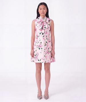Hanae Floral Women's Dress with pink rose pattern, sleeveless silhouette and statement neck bow by Mama Luma