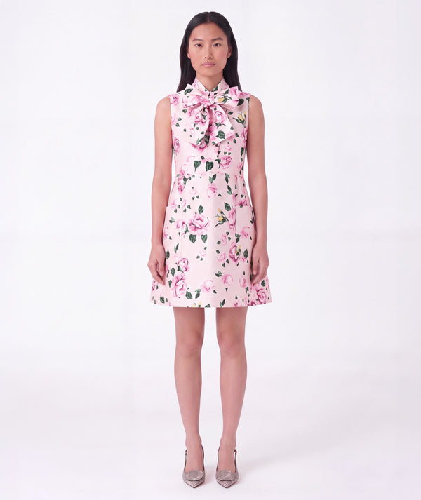 Hanae Floral Women's Dress with pink rose pattern, sleeveless silhouette and statement neck bow by Mama Luma