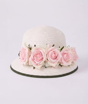 Handmade rosabelle white floral girls sun hat with handcrafted pink roses