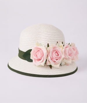 Handmade rosabelle white floral girls sun hat with handcrafted pink roses
