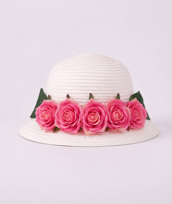 Rosabelle white floral girls sun hat with handcrafted pink roses