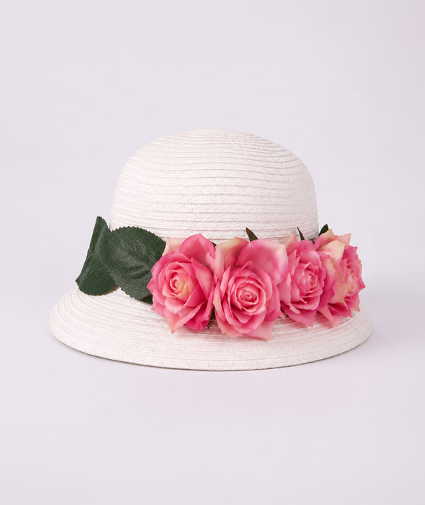 Rosabelle white floral girls sun hat with handcrafted pink roses