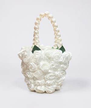 Ivory pearl rose girls ceremony handbag with 3D rose figures and ivory pearl strap for weddings and special occasions