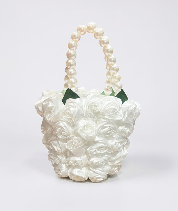Ivory pearl rose girls ceremony handbag with 3D rose figures and ivory pearl strap for weddings and special occasions