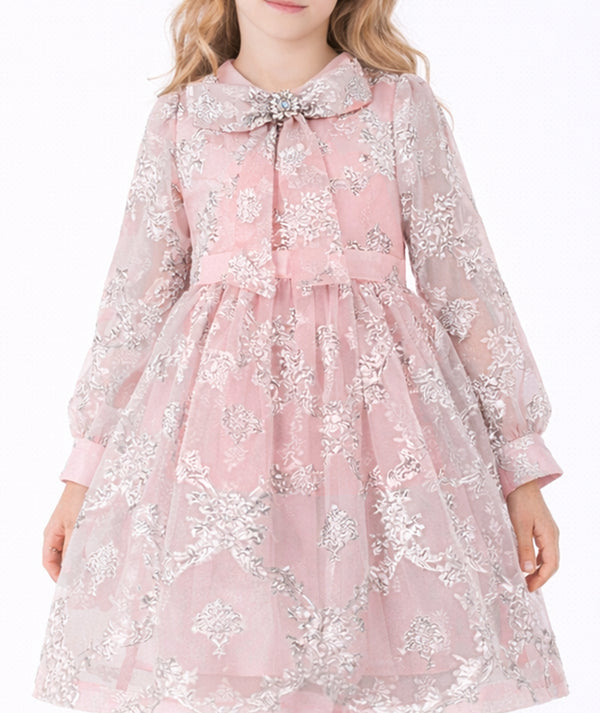 Jacquard Bow girls dress with crystal embellished neckline detail