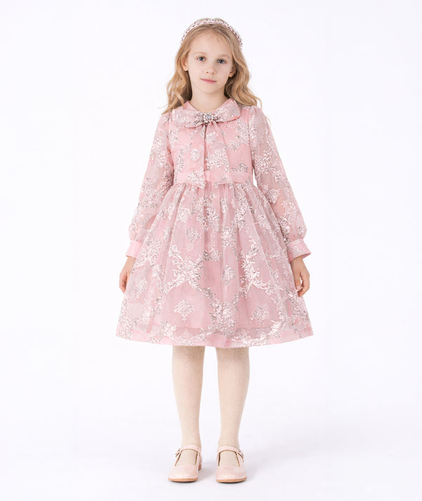 Jacquard Bow girls dress in blush pink front view