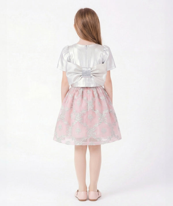 Back view of Jacquard Bow Girls Outfit | 2 Pieces showing its blush pink organza finish for girls ages 3 to 12 with refined designer construction