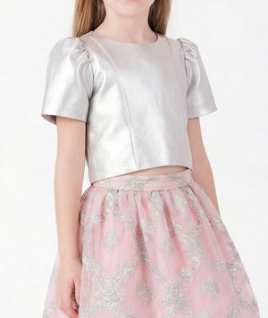 Close-up of Jacquard Bow Girls Outfit | 2 Pieces in blush pink organza for girls ages 3 to 12, highlighting neckline, trims and embellishments