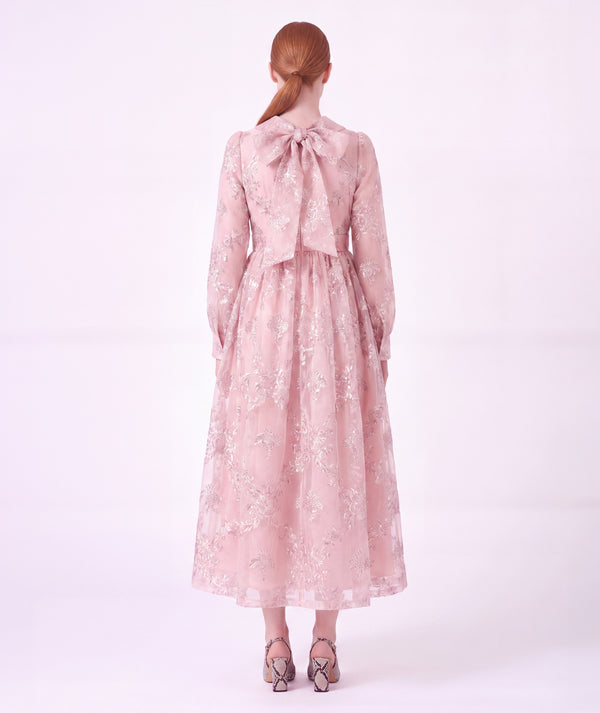 Back view of Jacquard Bow Women's Dress featuring floral jacquard and oversized bow detail from Mama Luma Hanae Collection