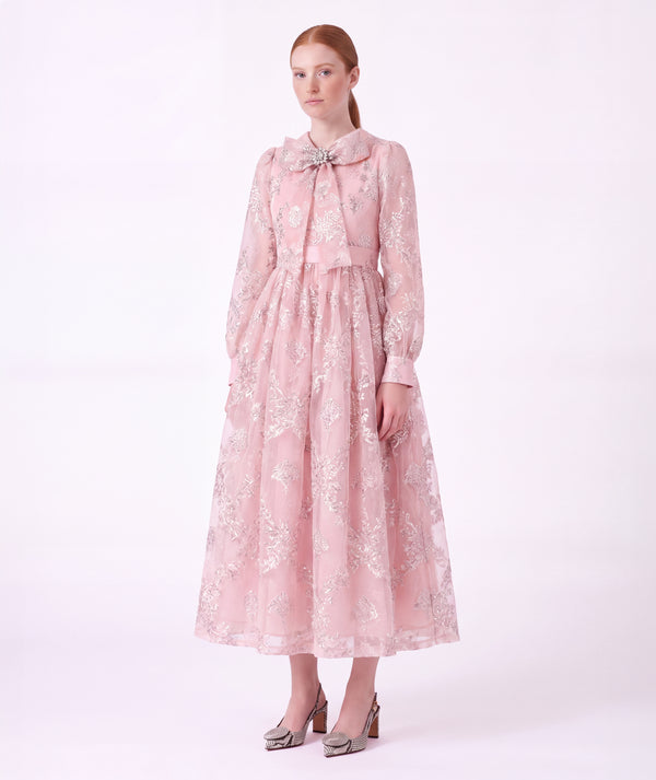 Jacquard Bow Women's Dress in blush pink floral jacquard with statement bow and long sleeves by Mama Luma