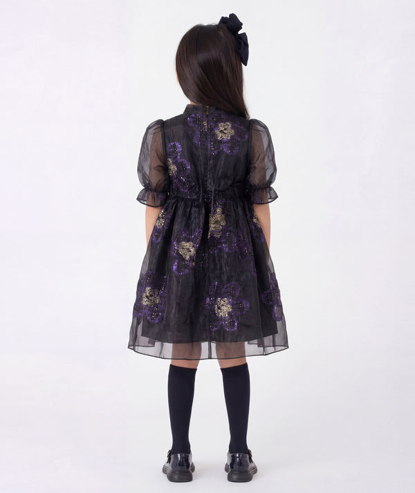 Navy Jacquard Floral Girls Dress