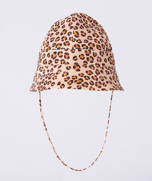 Leopard Bucket Hat crafted from premium lightweight fabric featuring a classic bucket silhouette with adjustable tie, designed as a stylish girls’ accessory for summer holidays, beach days, outdoor outings, and special occasions.