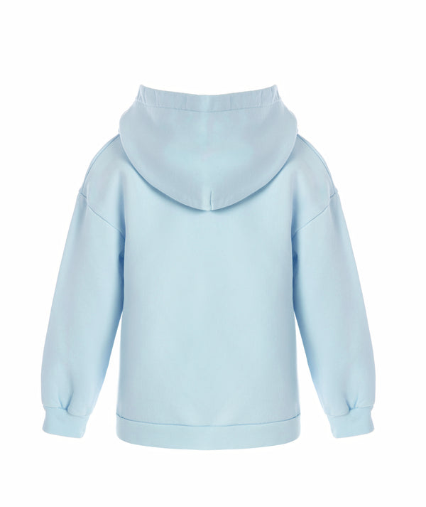 Back view of a light blue girls hoodie with an attached hood and relaxed fit, designed for everyday wear, school outfits, and casual layering, available in sizes 3–14