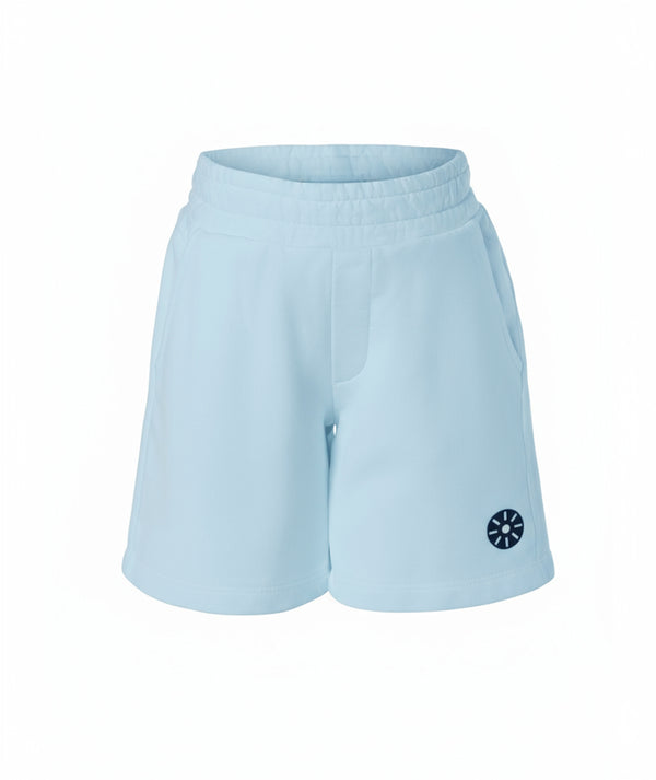 GoldenCubs light blue unisex kids’ shorts featuring an elastic waistband, side pockets, and logo detail, crafted for comfort and movement during play or everyday wear. Available in sizes 3–12Y.