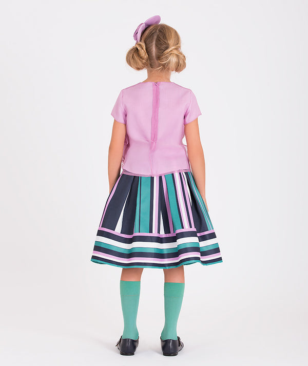 lilac blouse and striped skirt