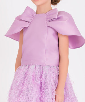 lilac bow blouse and feathery skirt