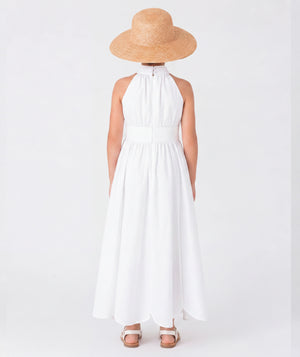 Back view of Linen Girls Summer Dress for girls ages 3 to 12, highlighting neckline, sleeves and embellishments