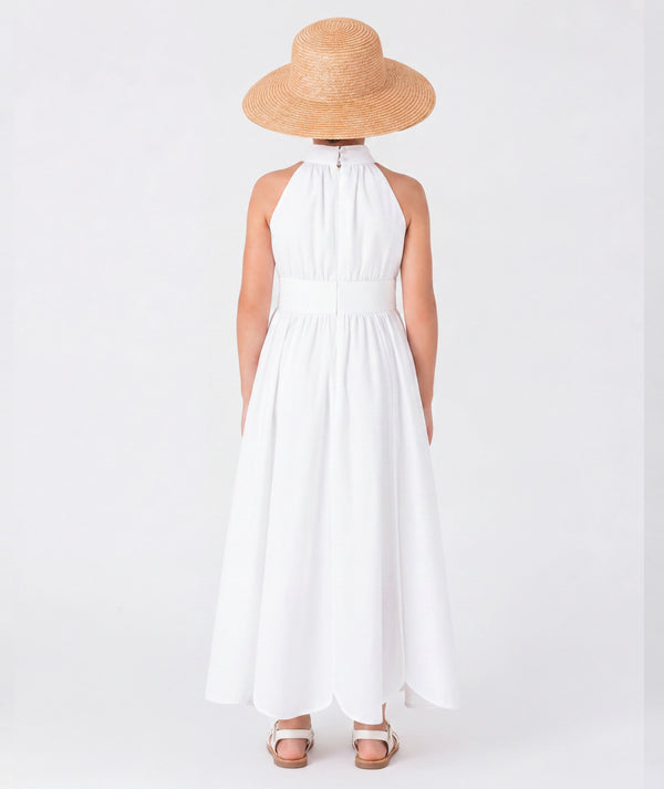 Back view of Linen Girls Summer Dress for girls ages 3 to 12, highlighting neckline, sleeves and embellishments