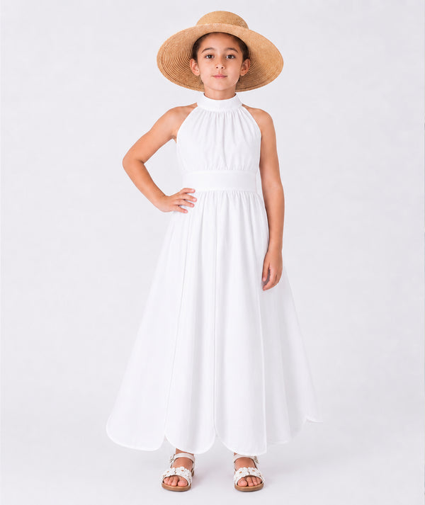 Front view of Linen Girls Summer Dress for girls ages 3 to 12, showing overall silhouette and styling