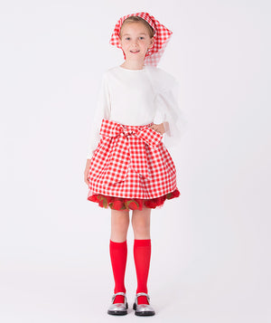 Girl wearing Mama Luma’s 3D Petals Outfit in red plaid with matching bow skirt and white top — perfect for Christmas celebrations, winter birthdays, and family portraits. Available in girls’ sizes 3–12 Y.