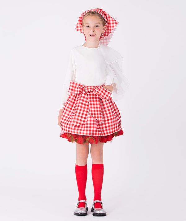 Girl wearing Mama Luma’s 3D Petals Outfit in red plaid with matching bow skirt and white top — perfect for Christmas celebrations, winter birthdays, and family portraits. Available in girls’ sizes 3–12 Y.