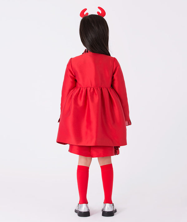 Back view of Mama Luma’s Exquisite Ruffles Caftan, a luxury girls’ outerwear piece for Christmas events, winter weddings, and holiday photos. Available in girls’ sizes 3–12 Y.