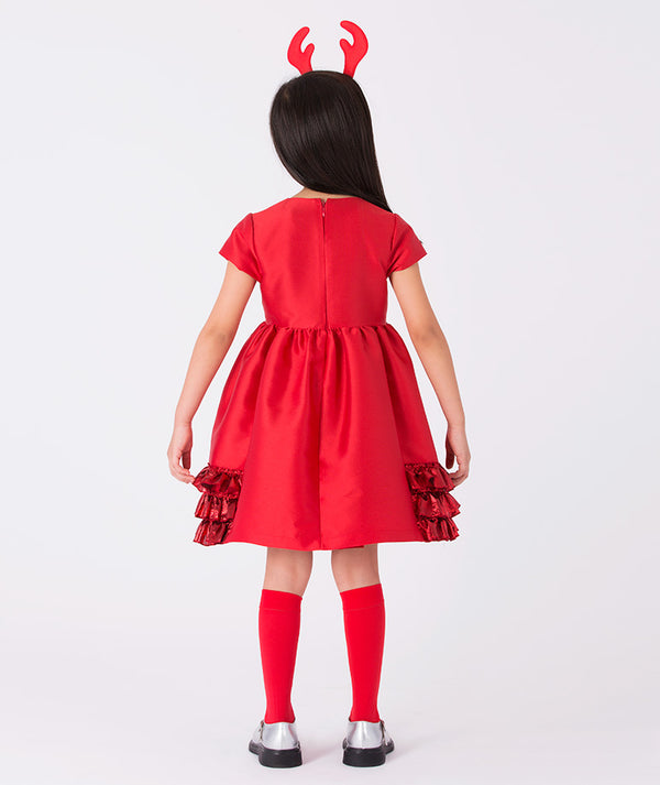 Back view of Mama Luma’s Exquisite Ruffles Dress from the Asagao Christmas Collection — perfect for holiday photoshoots and seasonal parties. Available in girls’ sizes 3–12 Y.