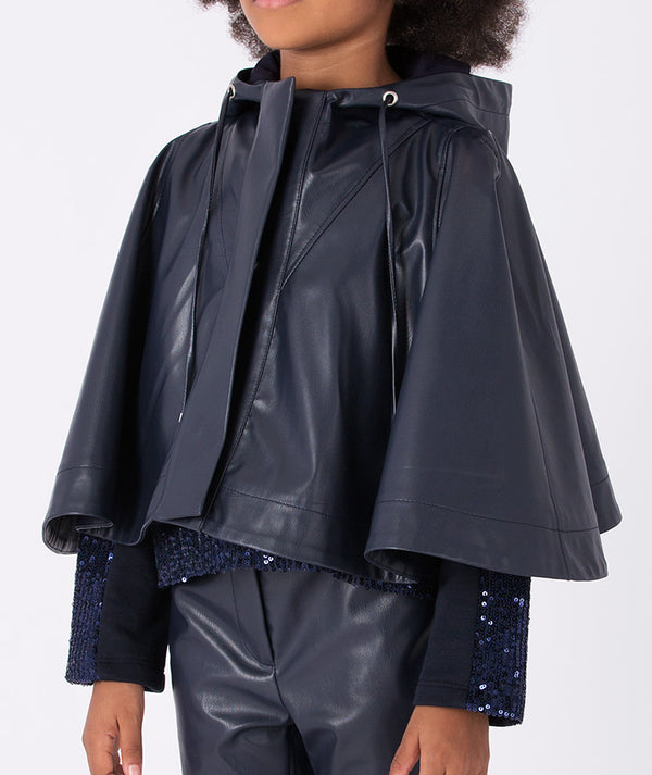 Mama Luma Navy Faux Leather Girls Jacket with cape-style design — everyday outerwear for girls 3–12Y, perfect for casual outings
