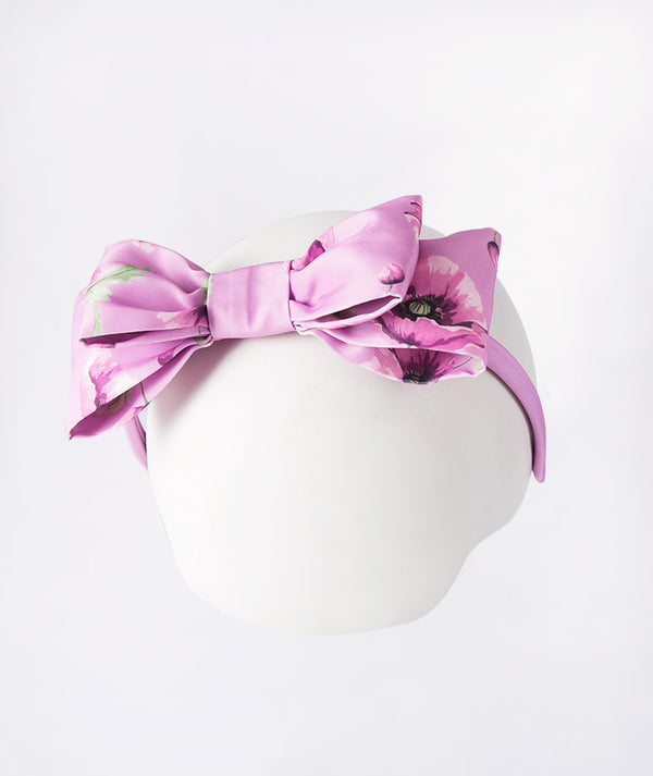 Mama Luma Orchid Valley Headband in Lilac — Satin hair accessory with orchid bow detail, perfect for Weddings, Birthdays and Celebrations