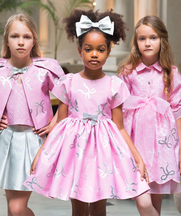 Flared Jacquard Bow Girls Dress