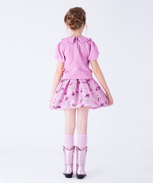 Back view of lilac Orchid Petal girls floral satin skirt with orchid print, elegant knee-length skirt outfit for girls