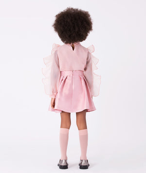 Handmade girls’ organza bow blouse and satin pleated skirt outfit (3–12Y) – couture-inspired look for weddings and milestone celebrations