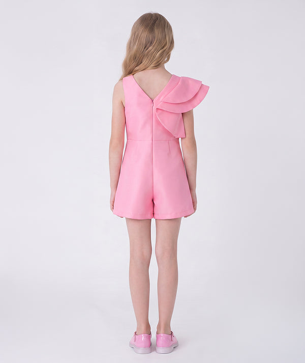 Pink Satin Ruffle Elegance Girls Jumpsuit and statement ruffles from Mama Luma's Kohana Collection, jumpsuit back view.
