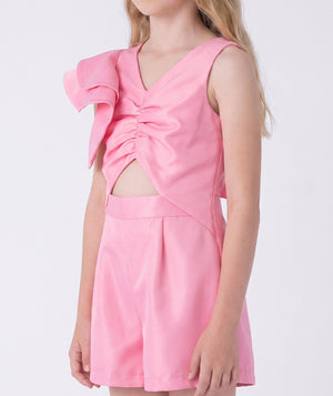 Pink Satin Ruffle Elegance Girls Jumpsuit and statement ruffles from Mama Luma's Kohana Collection close-up view