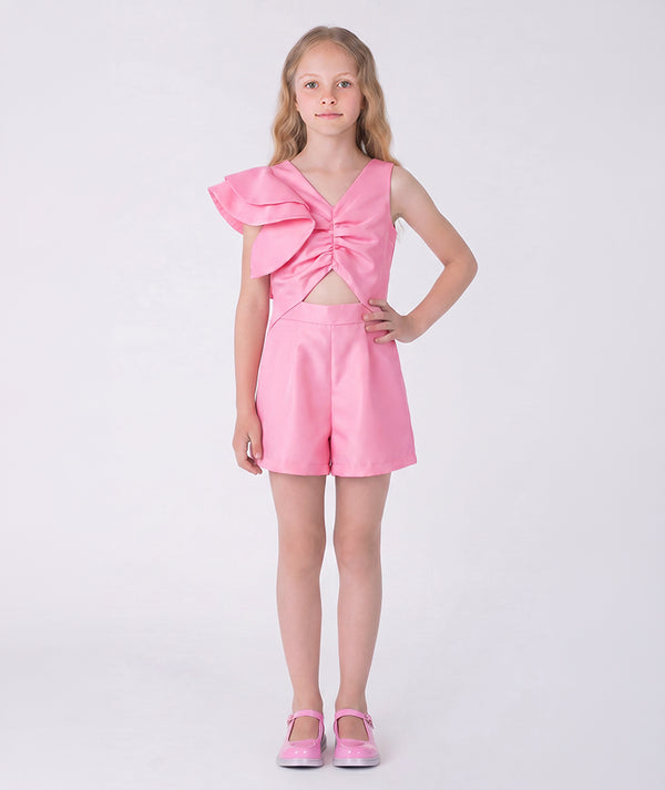 Pink Satin Ruffle Elegance Girls Jumpsuit and statement ruffles from Mama Luma's Kohana Collection