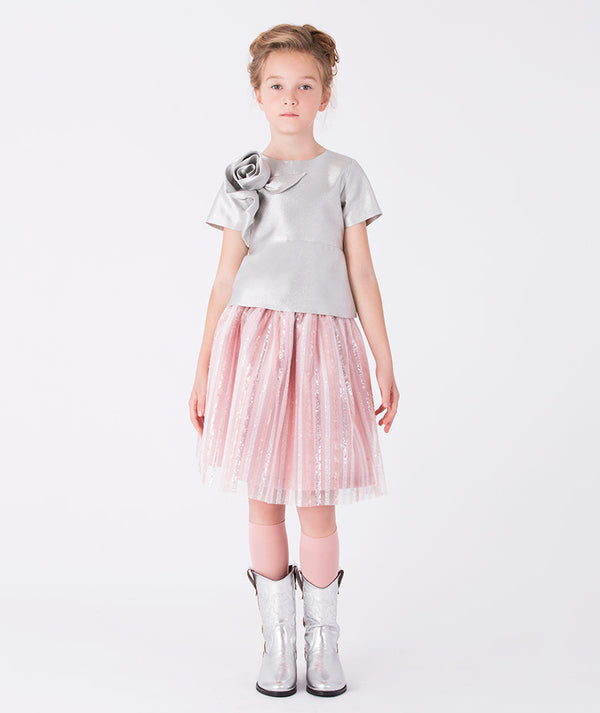 Girls’ shimmering sequins outfit (3–12Y) – silver blouse with pink sequin skirt for weddings and birthdays
