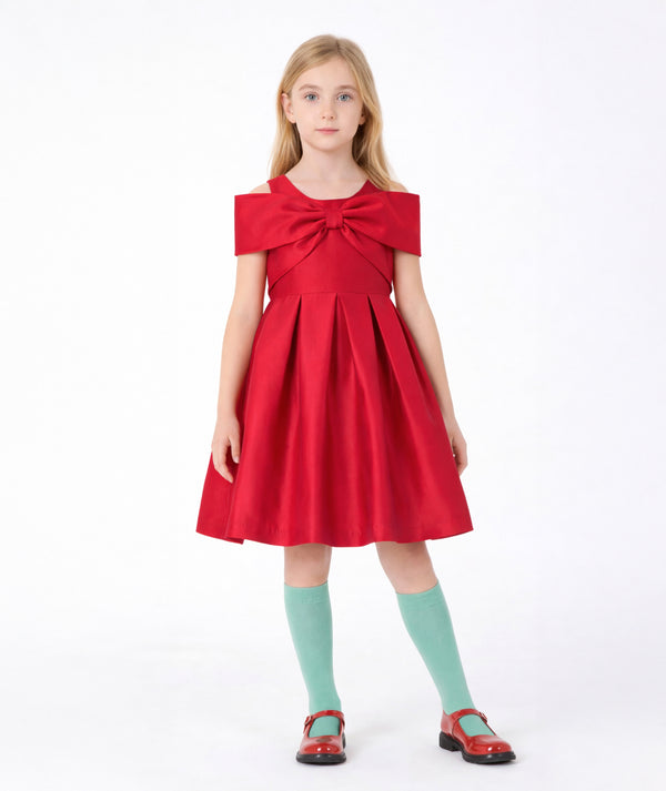 Mama Luma Enchanting Bow Girls Holiday Dress in red, front product view.