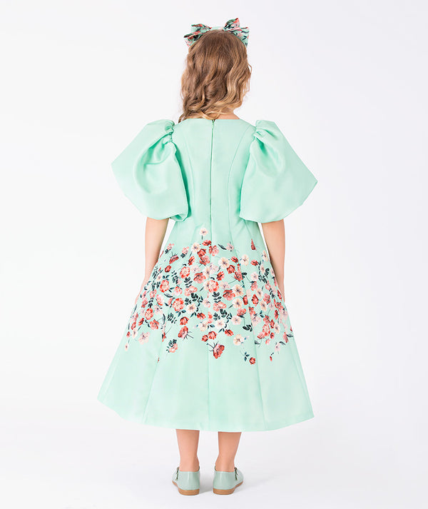Back view of Marambaia Girls Dress in mint green for girls ages 3 to 12, showing the silhouette and refined construction