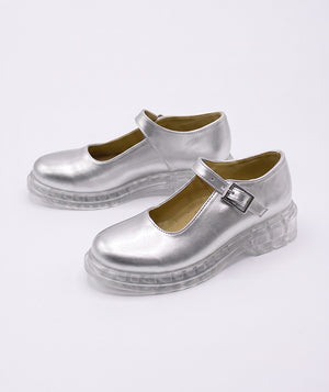 Silver Mary Jane girls shoes with a polished finish by Mama Luma, designed for flower girl, party and special occasion outfits.