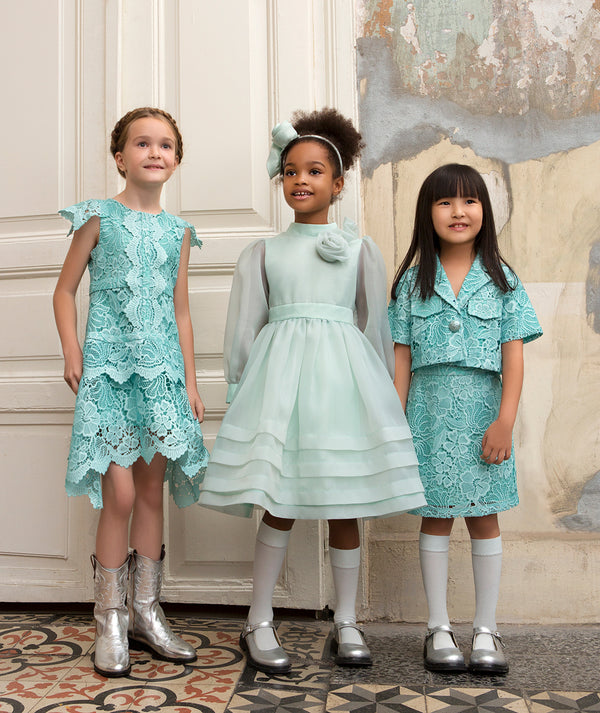 Girls wearing Mama Luma Floral Lace Outfits in aqua — matching lace occasionwear for birthdays, Eid and family gatherings