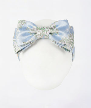 Powder blue floral jacquard girls headband with oversized bow from Mama Luma Porcelain Garden Collection