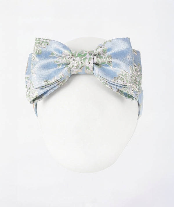 Powder blue floral jacquard girls headband with oversized bow from Mama Luma Porcelain Garden Collection