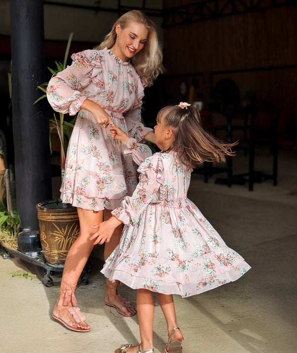 Charming pink floral ruffle dresses for mother and daughter by Mama Luma — perfect for birthdays, parties, and fairy-tale wedding celebrations