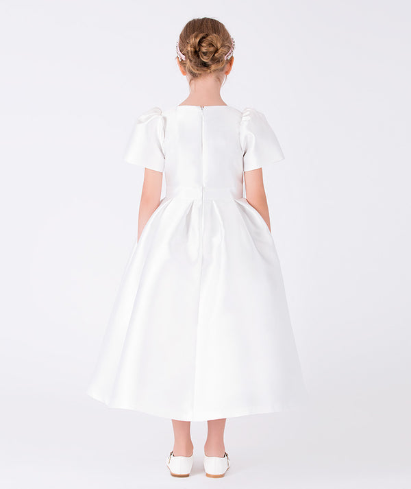 Back view of Mikado Satin Girls Bow Dress in ivory mikado satin for girls ages 3 to 12, showing the silhouette and refined construction