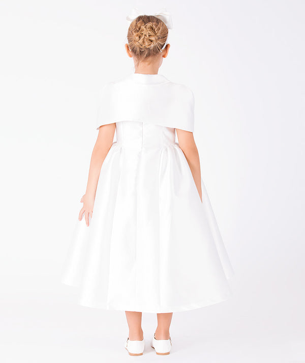 Back view of Mikado Satin Girls Cape Dress in ivory mikado satin for girls ages 3 to 12, showing the silhouette and refined construction