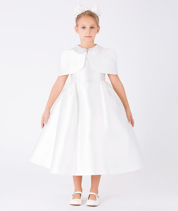 Front view of Mikado Satin Girls Cape Dress in ivory mikado satin for girls ages 3 to 12, a premium children’s design by Mama Luma